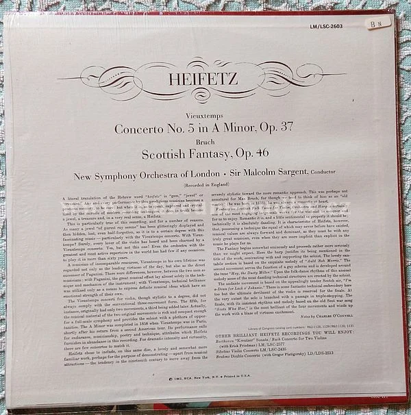 Heifetz, Bruch, Vieuxtemps, New Symphony Orchestra Of London, Sir Malcolm Sargent - Obrázek 2